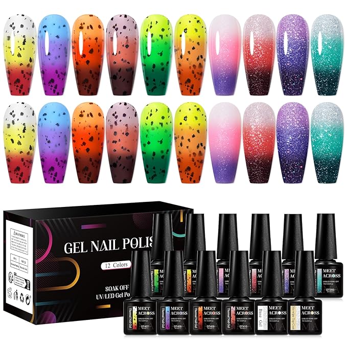 MEET ACROSS 12PCS Thermal Nail Gel Polish Kit, Color Changing Gel Nail Polish Set, Nail Art Gel Varnish Soak off UV LED Color Changed Nail Gel Nail Art Manicures