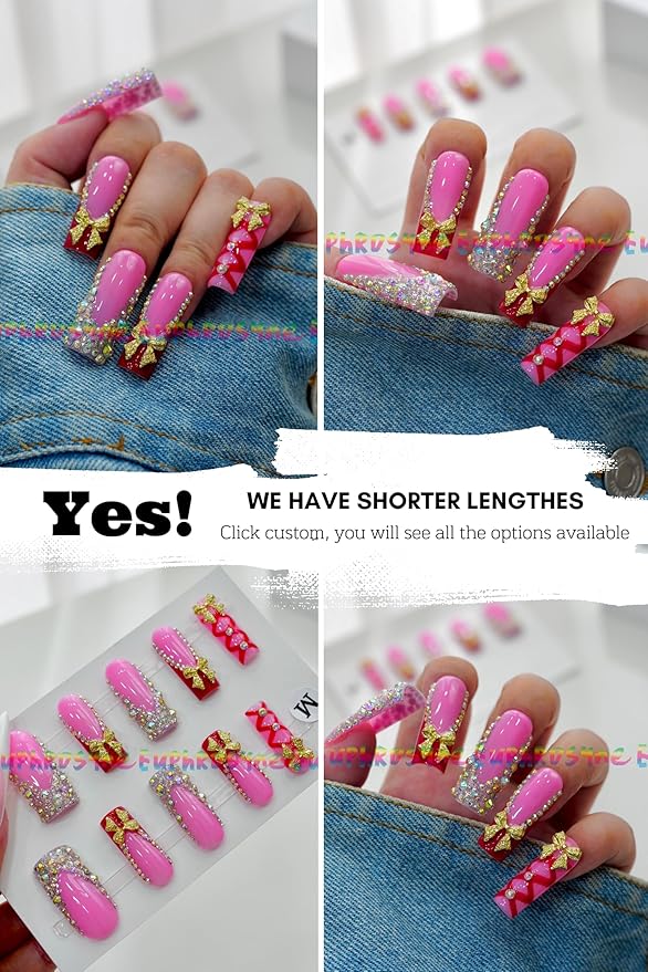 10PCS Pink and Red Gift Wrap Press On Nails – Long Coffin Fake Nails with Rhinestones & 3D Gold Bow Charms, Glossy Reusable Holiday Nails for Women and Girls – Euphrosyne