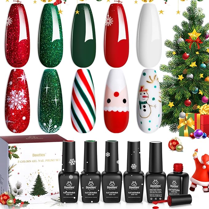 beetles Gel Polish Set - Stain Carol Collection, Sparkling Red Green White Glitter Nail Kit, Soak Off UV LED Gel Polish Gift for Women with Nail Strengthener Gel