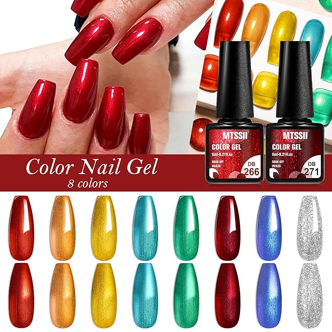 MTSSII Chrome Gel Nail Polish Set, 8 Metallic Colors: Silver, Gold, Red, Yellow, Green, Blue - UV/LED Glossy Mirror Effect Nail Gel for Home Salon DIY Manicure