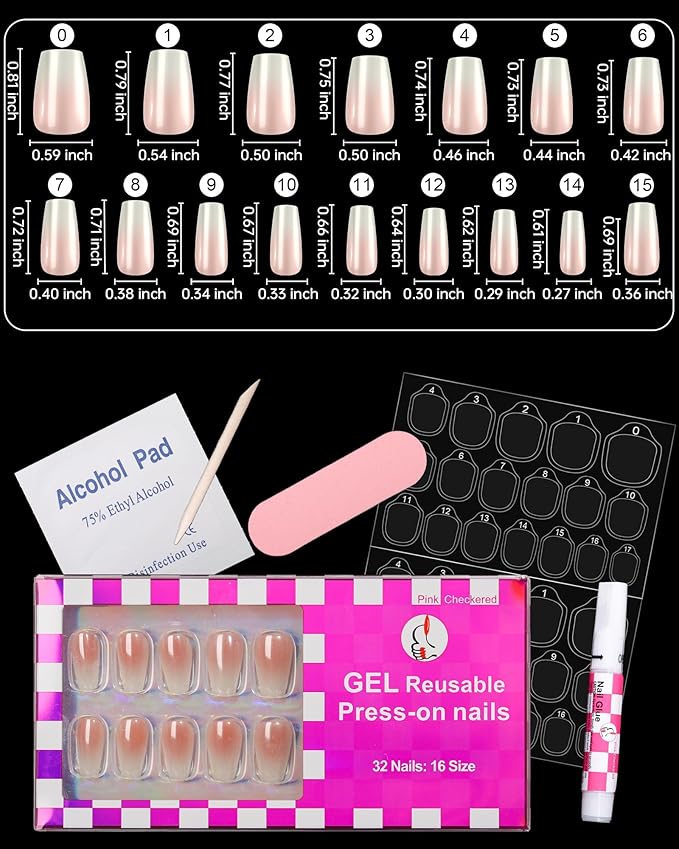 16 Sizes Coffin Press on Nails Chrome Ombre Reusable 32pcs Glossy Gel Fake Nails with Glue and Jelly Stickers (Pearlescent White Ombre)