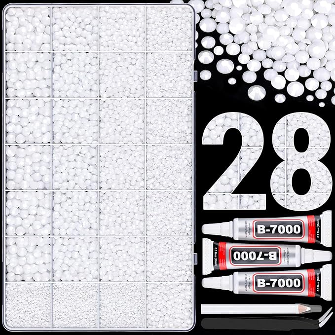 30000Pcs Resin Rhinestones for Bedazzling with 3Pcs B7000 Jewelry Glue, White Flatback Gems Rhinestones for Crafting, Clothing Tumblers Mugs Shoes Fabric Decor Nail Art