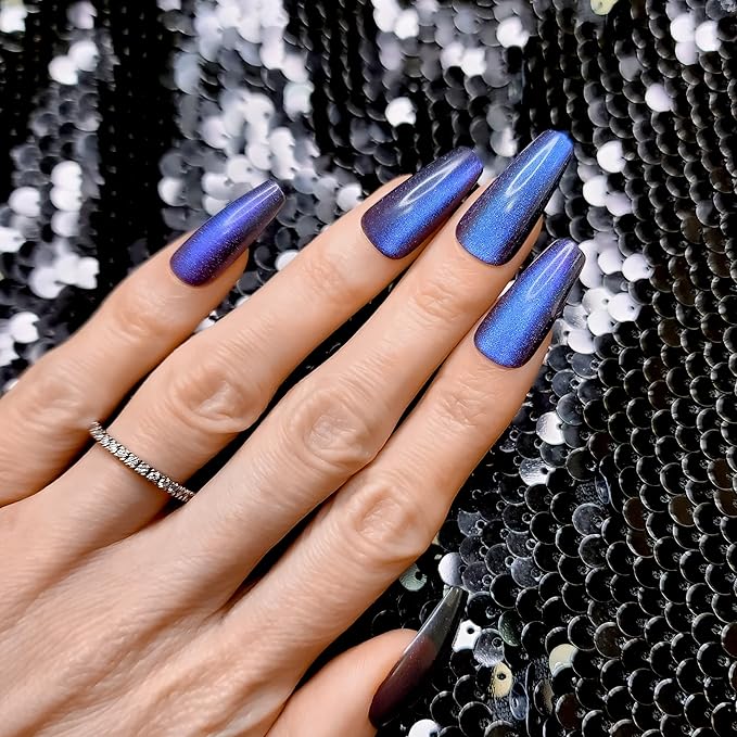 Hypnaughty 24 Pcs Stardust Cat Eye Effect Glossy And Sparkly Coffin Long Press On Nails With Nail Kit And Glue (Stardust Cat Eye)