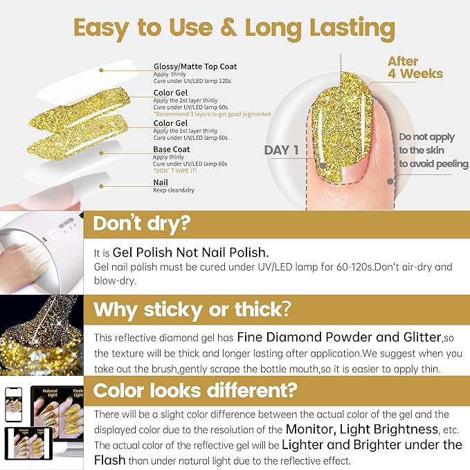 YTD Likomey Reflective Glitter Gel Nail Polish Set,Flash 6 Colors with Base and Top Coat Kit,Fall Winter Brown Gold Red Green Purple Diamond Sparkle Manicure UV Color Nail Varnish,8 Pcs 7.5 ml
