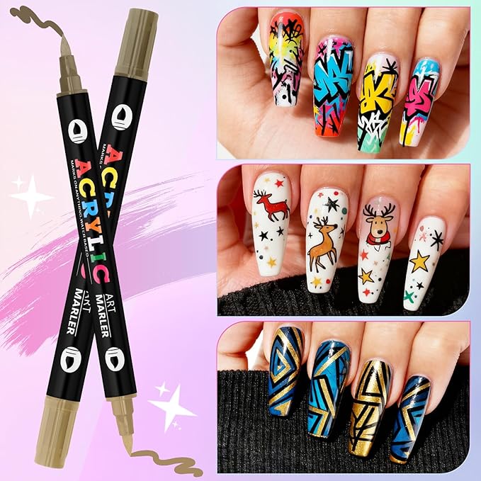 Kalolary 24 Colors Nail Art Pens Set,12PCS 3D Nail Polish Pens Double-Ended Acrylic Paint Pen Nail Art Markers Quick-Drying Nail Art Tools for Dotting Drawing Painting DIY Nail Art Beauty Manicure（E）