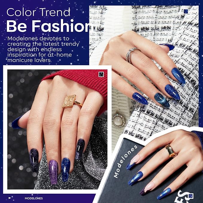 modelones Cat Eye Gel Nail Polish 6 Colors Winter Black Blue Purple Glitter Gel Nail Polish Dark Blue Chameleon Sparkle Shimmer Polish with Magnet Soak Off Led Nail Art DIY Salon Gifts For Women