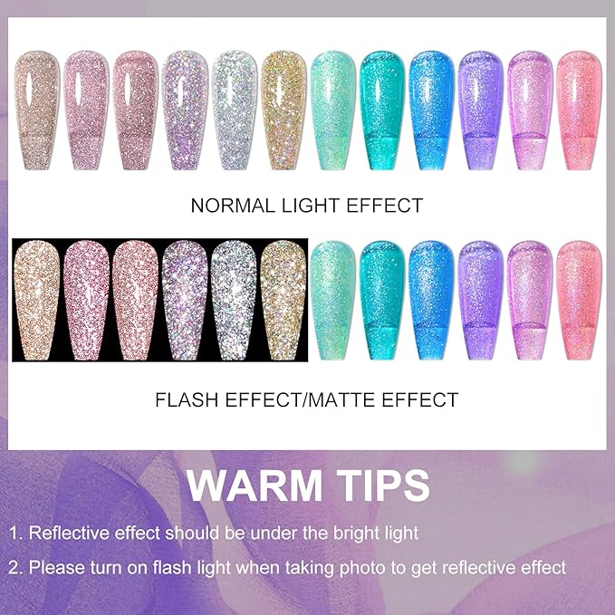 MTSSII Reflective Glitter Gel Nail Polish Set of 12 Colors Pink Red Silver Shimmer Sparkle Gel Polish Collection Kit LED Soak Off Nail Polish Manicure Art Gel Kit Home DIY Nail Salon