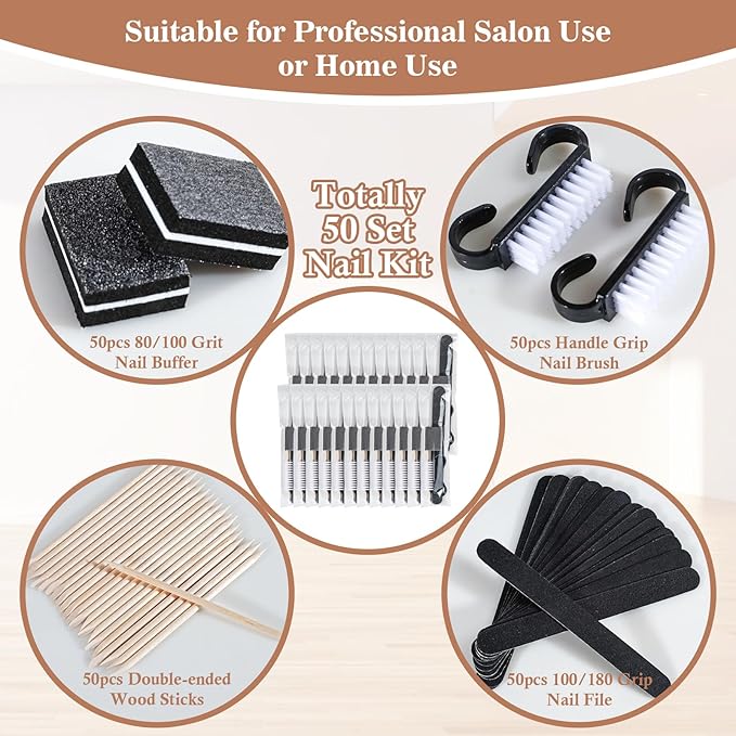 50 Sets Disposable Manicure Kit Basics 4 Piece Nail Kit for Travel,Handle Grip Brush,Mini Nail Buffer Nail File and Wood Stick for Gifts Salon Home Professional(50 Set-Black)