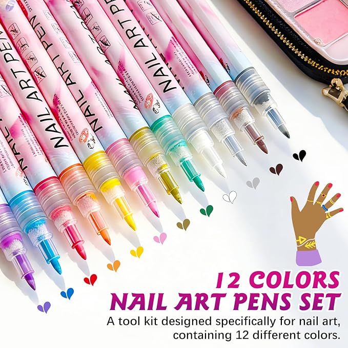 Nail Art Pens, 12 Color 0.7 MM Nail Polish Pens Set Drawing Point Painting Liner Painted Pen Kit, Quick Dry Waterproof Nail for DIY Nails Art Design Manicure Tools