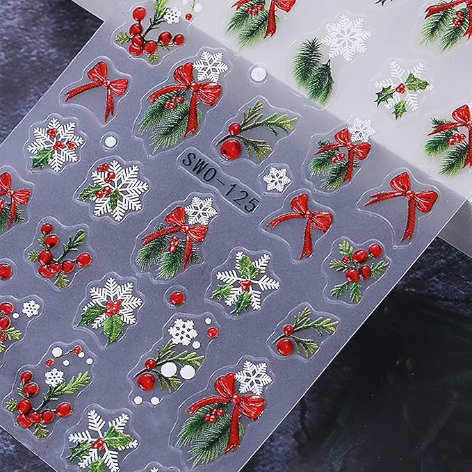 4 Sheets Christmas Nail Art Stickers Decals 5D Embossed Winter Holly Sprig with Bow Nail Decals3D Self-Adhesive Xmas Snowflake Holiday Nail Supplies Nail Art Design for Women DIY Decoration
