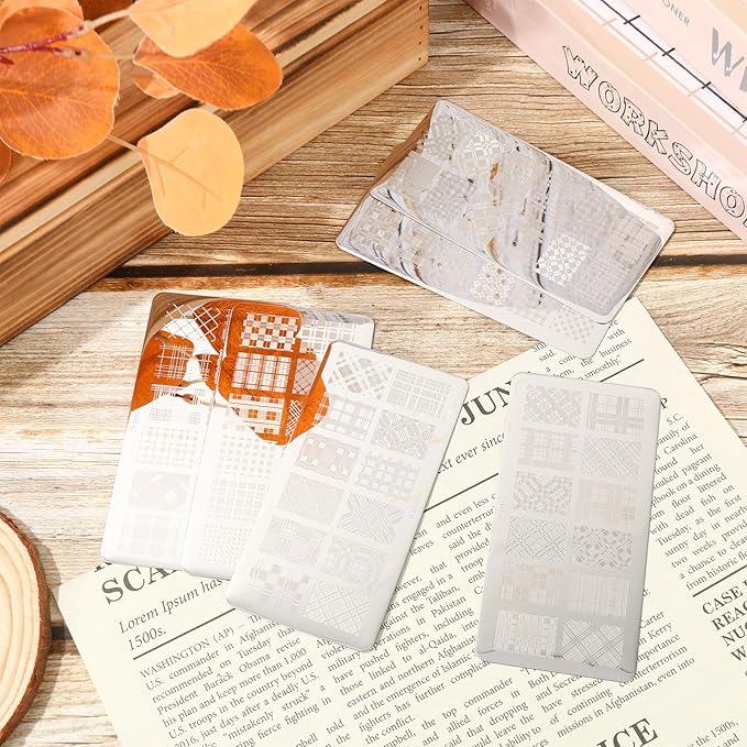 Whaline 6Pcs Plaid Nail Art Stamping Plate Kit Various Plaid Argyle Pattern Autumn Nail Art Plate for Fall Thanksgiving Holiday DIY Print Manicure Salon Design, 4.7 x 2.3 Inch