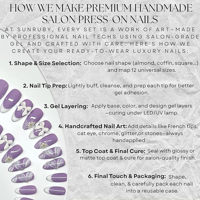 Handmade Press On Nails Medium Almond Pastel Purple with White French Tip, Flower Accents 3D Bow & More. Reusable Soft Gel Nails in 12 Sizes -24 Nail Kit with Glue| Designed in L.A| Lilac Lace