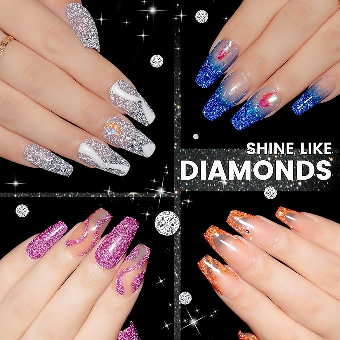 YTD Likomey Reflective Glitter Gel Nail Polish Set,Fall Winter Falsh 8 Colors Holographic Diamond Sparkly Black Silver Gold Blue Red Pink Plum Orange Salon Home UV Color Varnish Gift,0.25 Fl Oz 7.5 ml