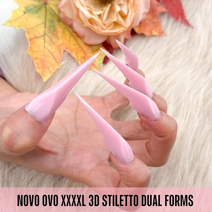 NOVO OVO XXXXL Dual Nail Forms Stiletto - 140Pcs Mechanical Dragon Claw Polygel Molds, 3D 4XL Extra Long Reusable Upper Forms for Sandwish Acrylic Extension (14 Sizes, 60mm Clear PMMA Scale)
