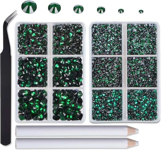 8000pcs Hotfix Rhinestones Flatback,Rhinestones for Crafts Clothes Mixed 6 Sizes, Hotfix Crystals with Wax Pencil Kit, SS4-SS30,Emerald