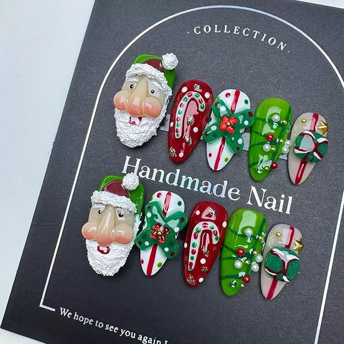 Christmas Press on Nails Medium Almond Handmade Nails with Glue,Green ＆ Red Fake Nails Cute 3D Santa Claus Designs Muti-Layer Gel Handmade Acrylic Full Cover Thick False Nails for Women (Size S)