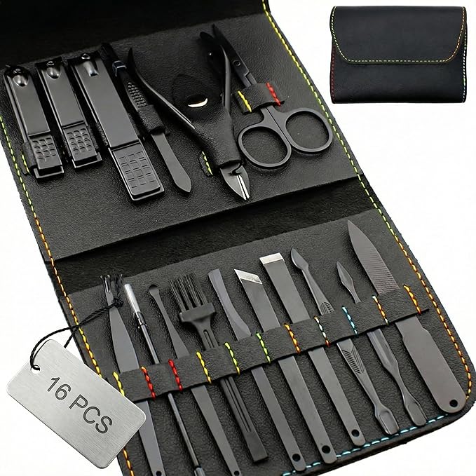 Earth & I 16pc Professional Manicure Kit - Heavy Duty Black Stainless Steel Nail Clippers for Thick Nails - Complete Pedicure Set & Grooming Tools with Portable Travel Case