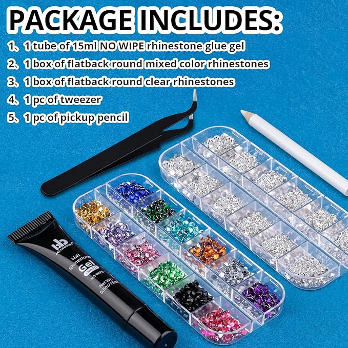 BELLEBOOST Nail Art Rhinestone Glue Gel&2 Boxes Flatback Gems Kit, 1 Tube of 15ml Rhinestone Gel Glue(UV/LED Needed)+Colorful Gems+Flat-Back Round Glass Crystal Clear Gemstones with Pickup Tools