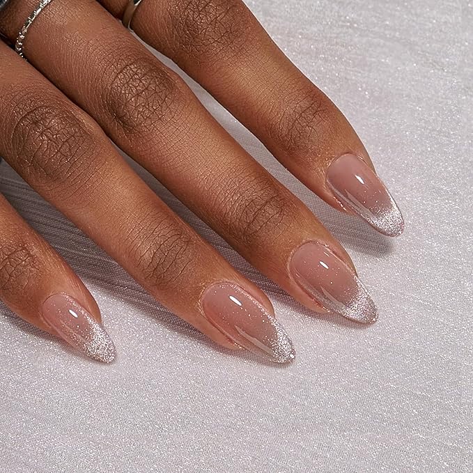 BTArtbox Press On Nails Almond - Medium Cat Eye French Tip Nails with Glue for Daily Nail Art, Fake Nail Extensions In 15 Sizes - 30 Nail Kit, Liquid Radiance