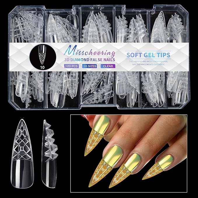 3D Diamond Shaped Polygel Nail, Extension Clear Full Cover False Nail Tips, Hybrid Gel Acrylic Nail, Diamond Fake Nails, 14 Sizes Building Artificial Press on Nail (style 10, 120pcs)
