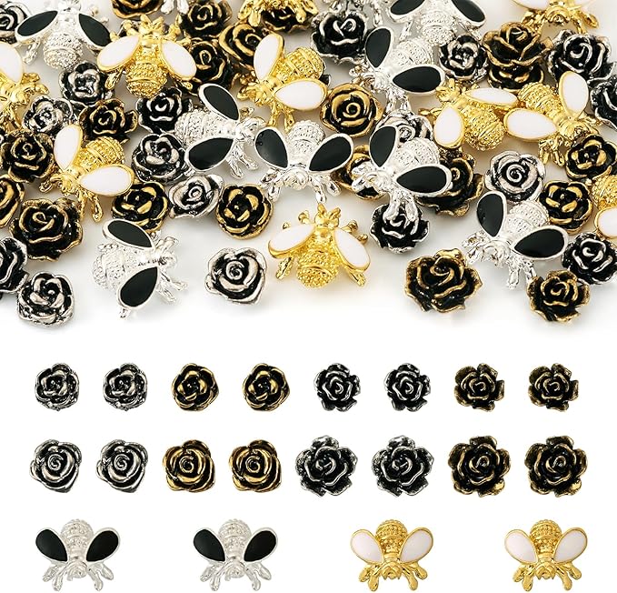 Craftdady 60Pcs Alloy Enamel Bee Rose Nail Art Cabochons Antique Flower Nail Charms Flatbak Metal Nail Beads for Nail Art Scrapbooking DIY Hair Clip Crafts Jewelry Making Supplies