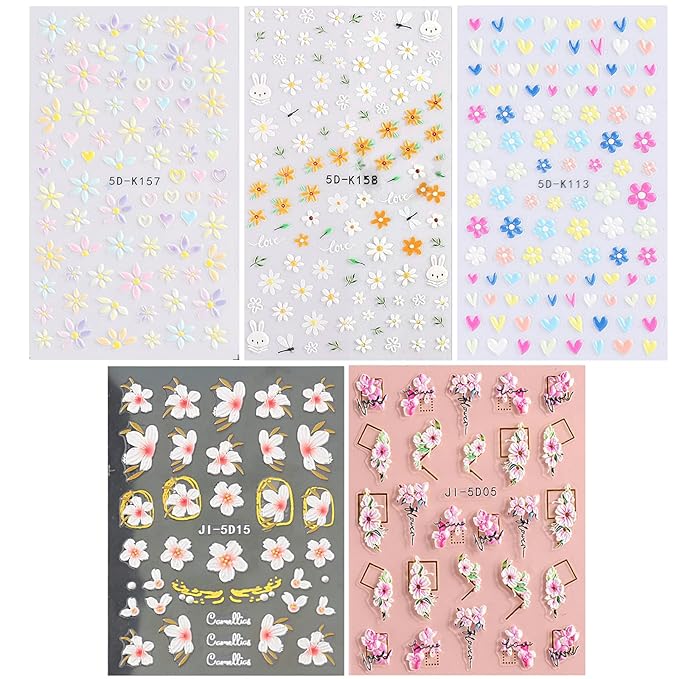 Flower Nail Art Stickers Decals 5D Embossed Nail Decals 6 Sheets Spring Summer Self-Adhesive Nails Design Accessories 3D Flowers Stickers for Women Nails Decoration