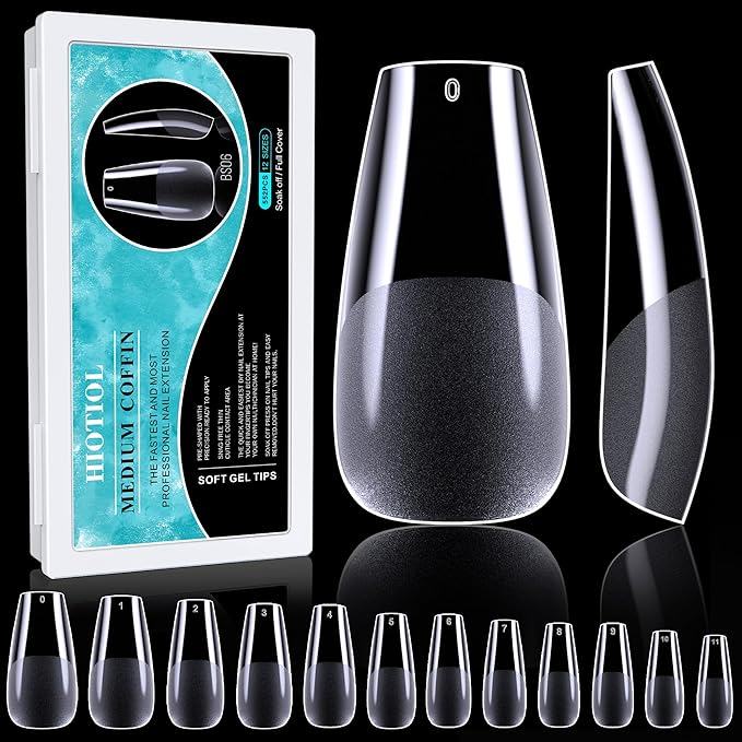 Medium Coffin Nail Tips, 552pcs Pre-Shape Fake Nails Half Matte Full Cover Acrylic Gel Nail Tips Clear Medium Coffin Press On Nails Home DIY Extension 12 Sizes