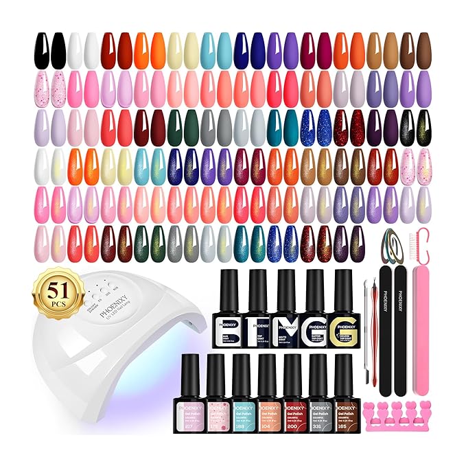 PHOENIXY 51 Pcs Gel Nail Polish Kit with U V Light, 40 Pcs Gel Polish with 5 Pcs Base Top Coat Manicure Starter Nail Polish Set Gifts for Women ST9016