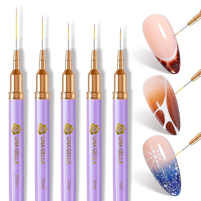 UNA GELLA Nail Art Pens Metallic, Liner Brushes Set For Nail Art Gel Polish, 5Pcs Purple Color, Detail Nail Art Design Painting Brush Set For Nails Gel Fine Drawing Nail Tools, Sizes 7/9/11/15/25mm