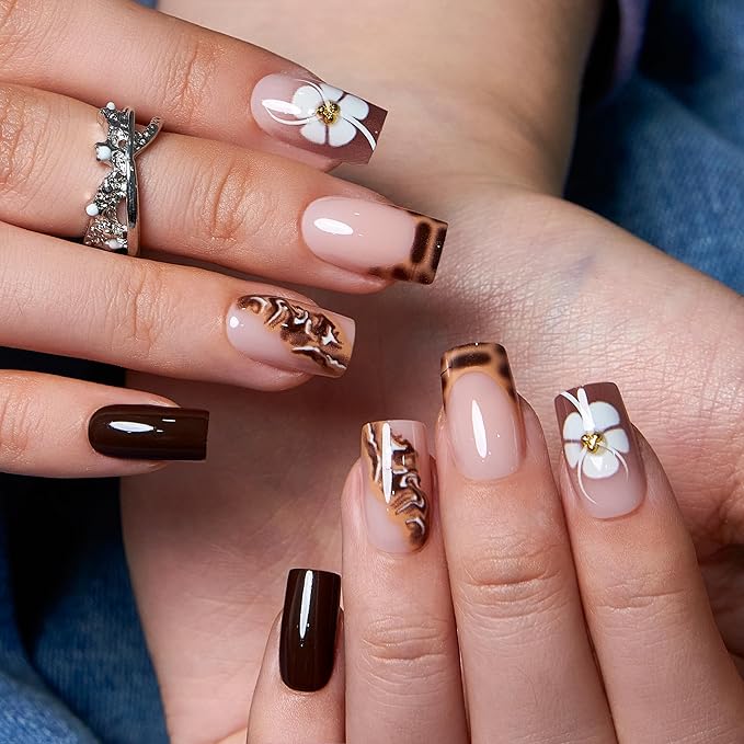 CurvLife Medium Press On Nails Square – 30Pcs Mocha Silk Dream Soft Gel Fake Nails, Reusable Glue On Nail Kit with Adhesive Tabs, Natural Fit & Salon-Quality for Women & Girls