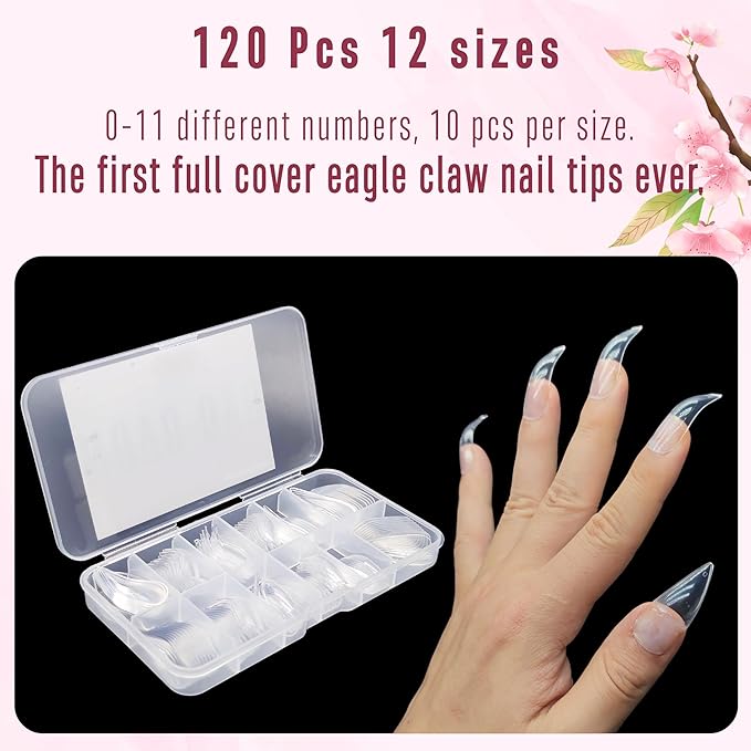 NOVO OVO Halloween Nail Tips Curved Stiletto, Clear Gel Extension kit Full Cover to Make Press on 3D Eagle Claw nails,Thick Extra Hawk Deep Curve Almond French Tips Soft False Fake 12 Size 120pc