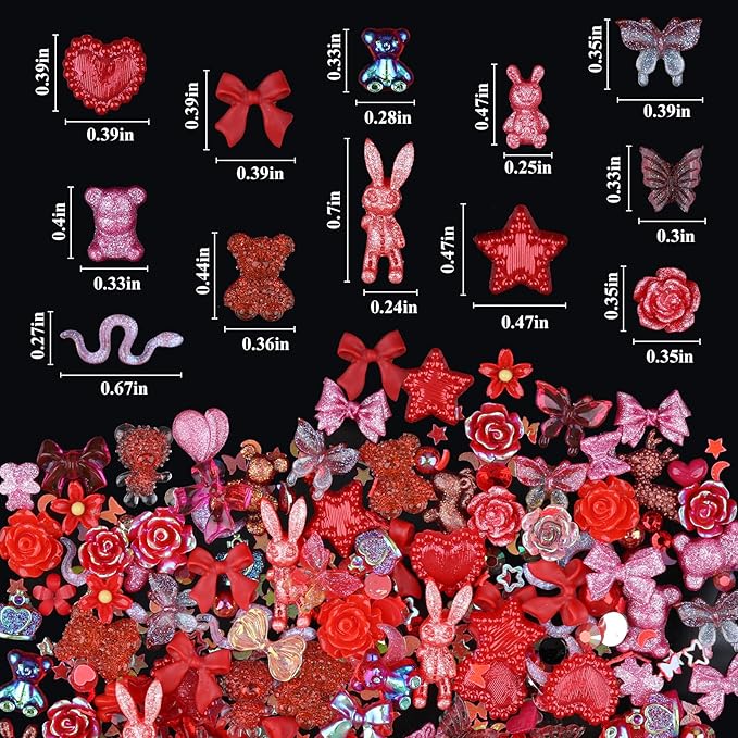 100 Pieces 3D Resin Butterfly Bear Nail Charms Rose Flower Peach Skirt Bow Deer Snake Rabbit Animal Shaped Nail Art Rhinestones Pearls for DIY Nail Art Decoration Making Craft (Red)
