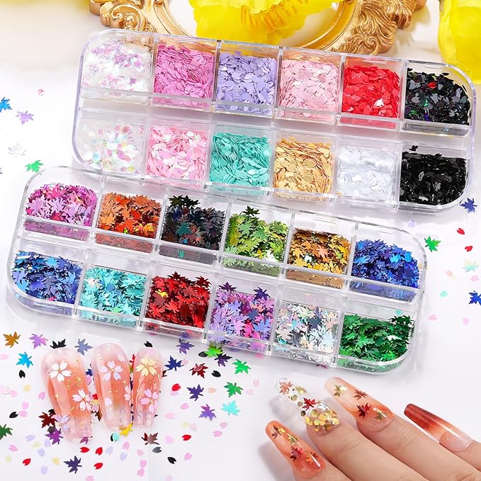 10 Boxes Holographic Nail Glitter Sequins Kit,Mixed Shape Iridescent Laser Butterfly Heart Star Maple Leaf Cherry Blossoms Sakura Petal Nail Art Flakes with Tweezers & Dotting Tools for Nail Craft
