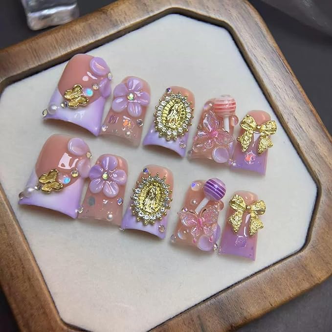 Duck Handmade Press on Nails Medium Square Fake Nails Purple French Tip False Nails with Glue 3D Flower and Charms Design Acrylic Nails Press Ons Sparkling Stick on Nail for Women 10Pcs(Size M)