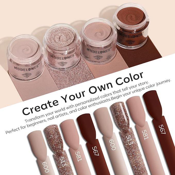 Modelones Dip Powder Nail Kit, 4 Colors Brown Glitter Dipping Starter Set with Liquid and Complete Accessories for French Nails Art Salon DIY at Home Manicure