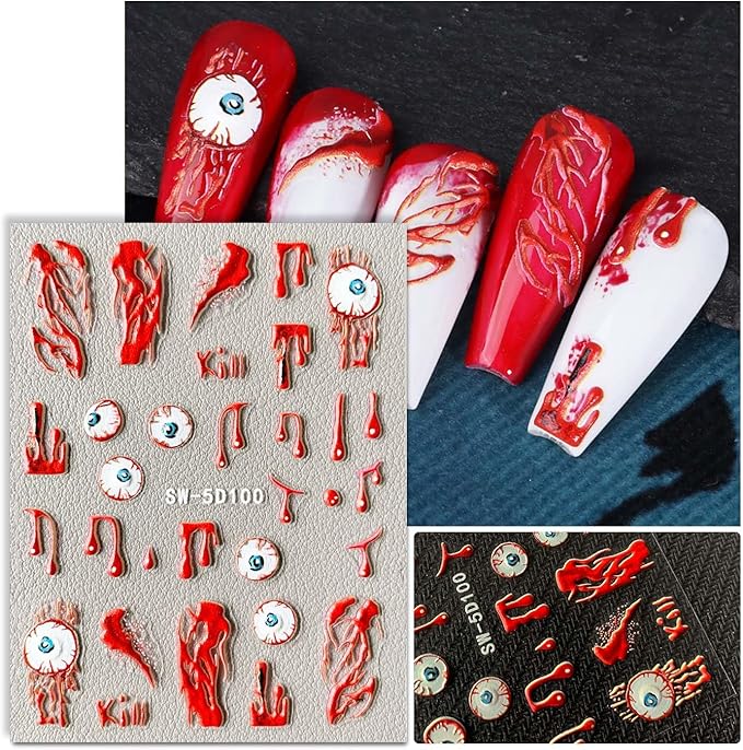 Attractive Designs Halloween Nail Stickers, 5D Embossed Self Adhesive Art Decals,Skull Ghost Spider Webs Pumpkin Bloody Eyes Bat Perfect for DIY Nails Halloween-Themed Party Gift