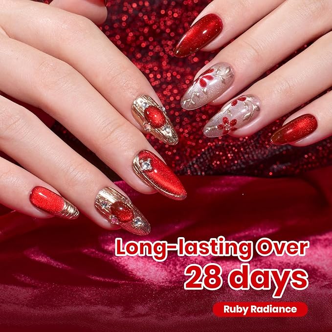 Beetles Stay Shining Ruby Radiance Red Cat Eye Gel Nail Polish - 15ML Red Cat Eye Glitter Gel Polish Magnetic Shimmer Effect Soak Off UV Design Salon DIY Manicure Gifts for Women
