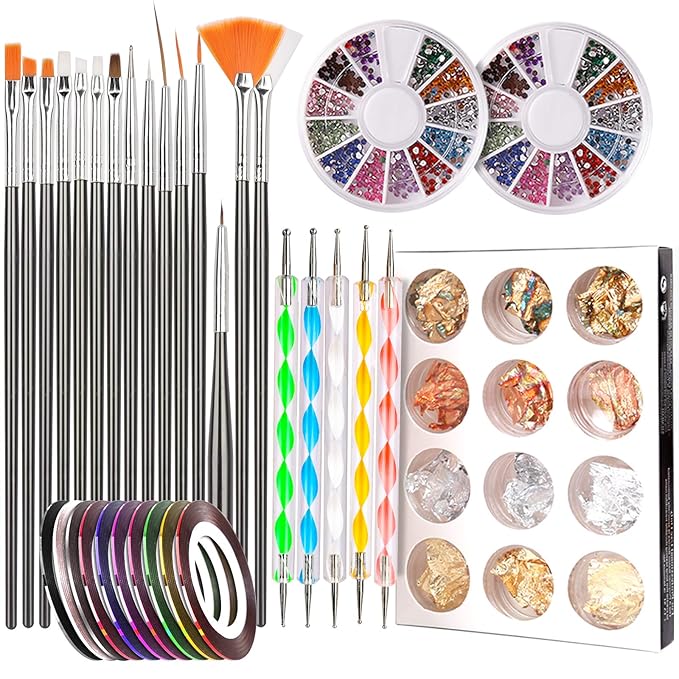 Teenitor Nail Pen Designer,Stamp Nail Art Tool with 15pcs Nail Painting Brushes, Nail Dotting Tool, Nail Foil, Manicure Tape, Color Rhinestones for Nails-Black