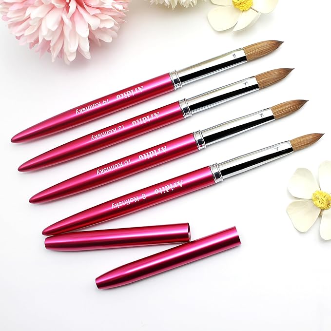100% Kolinsky Hair Acrylic Nail Brush for Acrylic Powder- Flat Shape Rose red Handle With Cap Professional Manicure Pedicure (#8)
