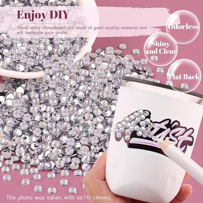 6000PCS 4mm Resin Rhinestones Bulk for Crafting (Clear), Flatback Bedazzling Crystals for Crafts DIY Nail Decoration, Gems Charms for Tumbler Shoes Clothing Fabric with Pickup Pen and Tweezers