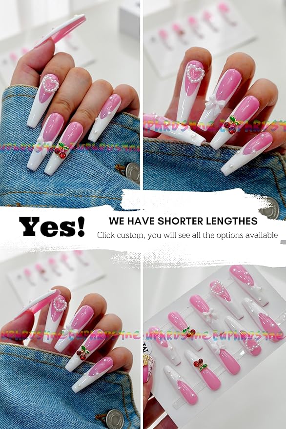Cherry Pearl Pink Press on Nails – 10PCS Medium Coffin Glossy Fake Nails with White French Gradient and 3D Bow Charms, Cute Reusable Stick On Nails for Girls and Women – Euphrosyne