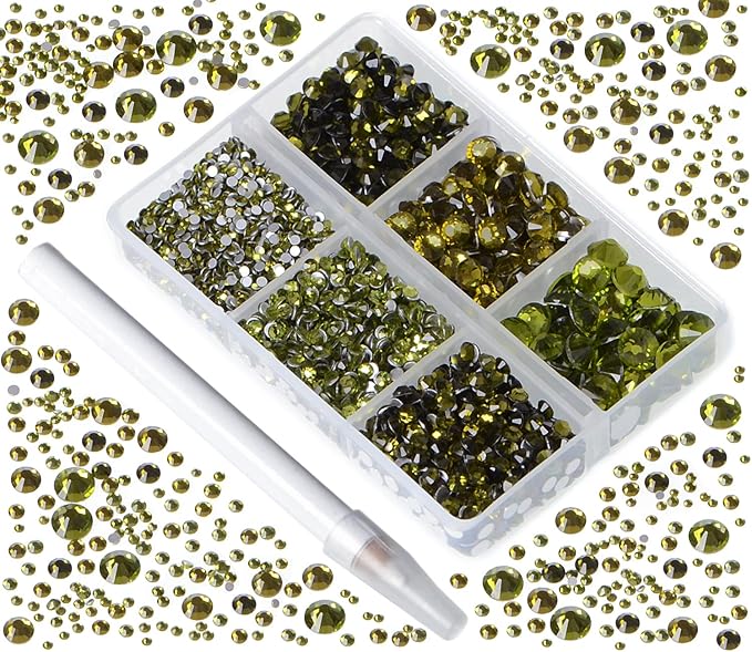 Bymitel 5000 Pieces 6 Mixed Sizes Glue Fix on Glass Rhinestones Round Crystal Gems Flatback for DIY Jewelry Making with one Picking Pen(6-Sizes 5000PCS, Olivine)