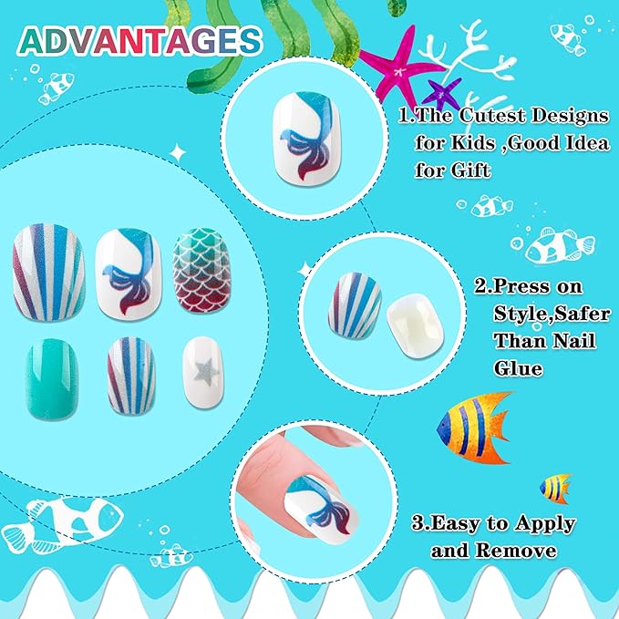 JANYUN 96 Pcs Kids False Nail Press on Nails Full Cover Short False Nails Children Nail Tips Lovely Gift for Kids Little Girls Nail Art Decoration (Blue Theme)
