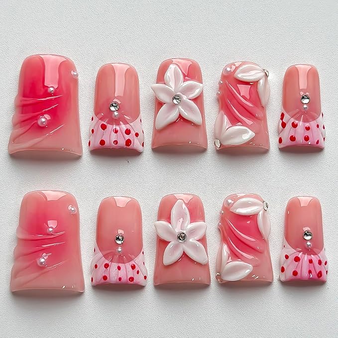 Luxury Press on Nails Short Duck Handmade 3D Unique Reusable ABS Material Fake Nails Pink French Tip False Nails with Designs Flower Rhinestones Polka Dots Glossy Glue on Nail Thick Acrylic Nail(S)