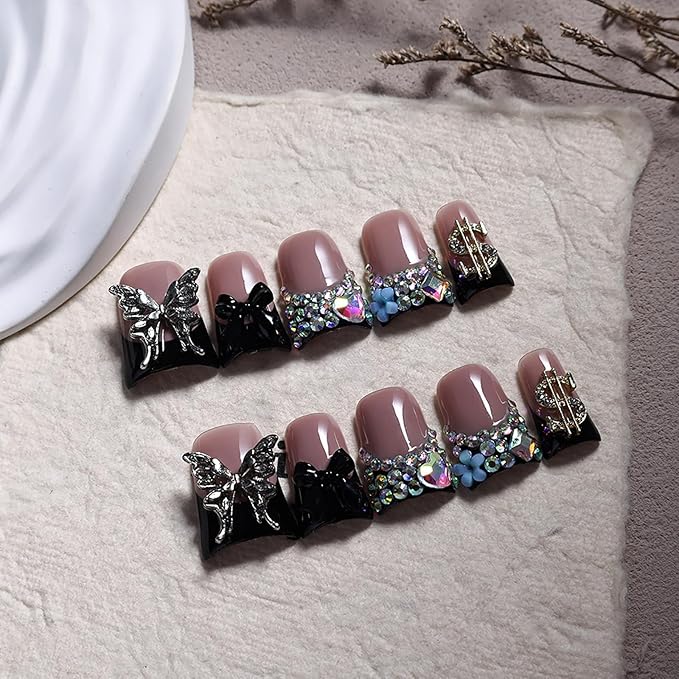 10Pcs Handmade French Tip Press on nails Short Duck Fake Nails with 3D Butterfly Bow Rhinestone Design Duck False Nails Multi-Layer Acrylic Nails Press ons Holiday Glue on Nail for Women (S)