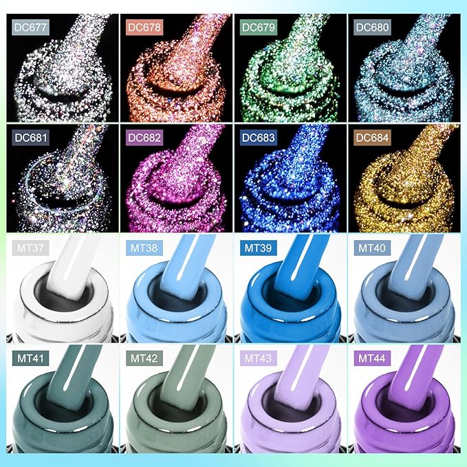 MTSSII Glitter Gel Nail Polish 18 Pcs Blue Purple Green White Gel Nail Polish with Base Gel Set Pink Blue Black Reflection Glitter Polish Kit for DIY Nail Art Women Gifts