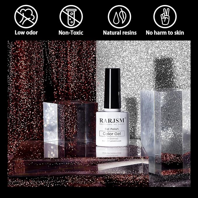 RARJSM Reflective Glitter Gel Polish Rose Gold Disco Shimmer Sparkling Glitter Iridescent Sparkly Shiny Gel Polish Holographic Gelpolish Soak off U V/L E D Nail Art Varnish for Salon DIY at Home