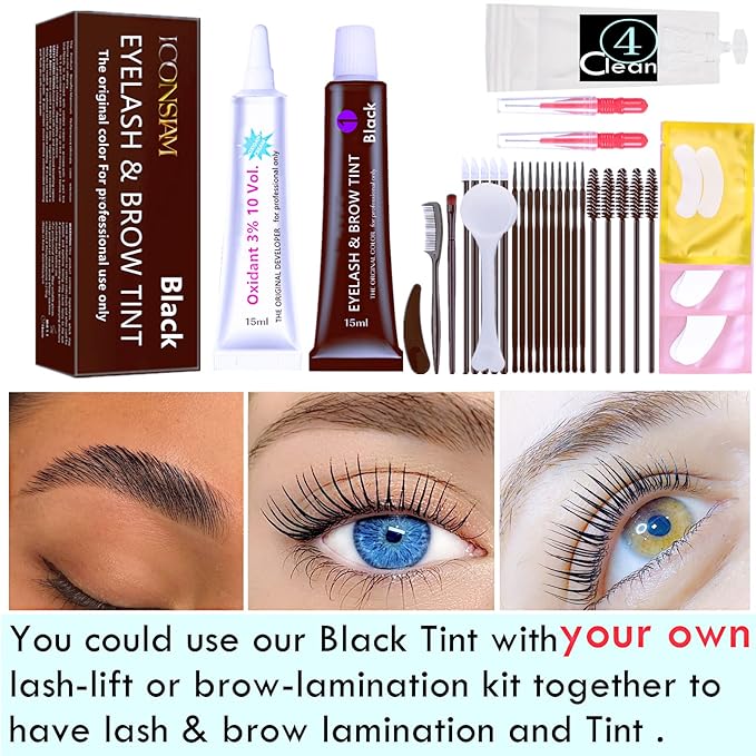 Black Lash T-i-n-t Kit, Keratin Black Eyelash D-y-e and Eyebrow T-i n t, 6 Week Voluminous Brow T-int, T-inting Look For Lash Perm/Lift/Lamination Treatment Dark Eyelash T-int Kit Only