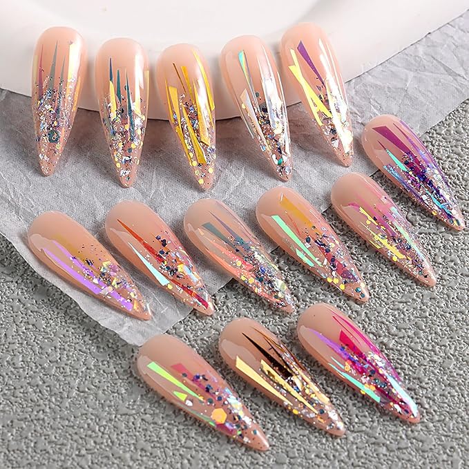 SILPECWEE 12 Boxes Glass Nail Foil Cellophane Aurora Nail Art Foil Sheets Glass Paper Laser Nail Stickers Iridescent Nail Designs Stickers Holographic Nail Film 3D Nail Decoration