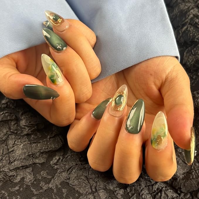 Handmade Press On Nails Short Almond, Greenish - Grey & Translucent Acrylic Fake Nails with Gold Accents, Luxury Press On Nails with Charm Design for Wedding & Party Wear(AKA 014, Short)